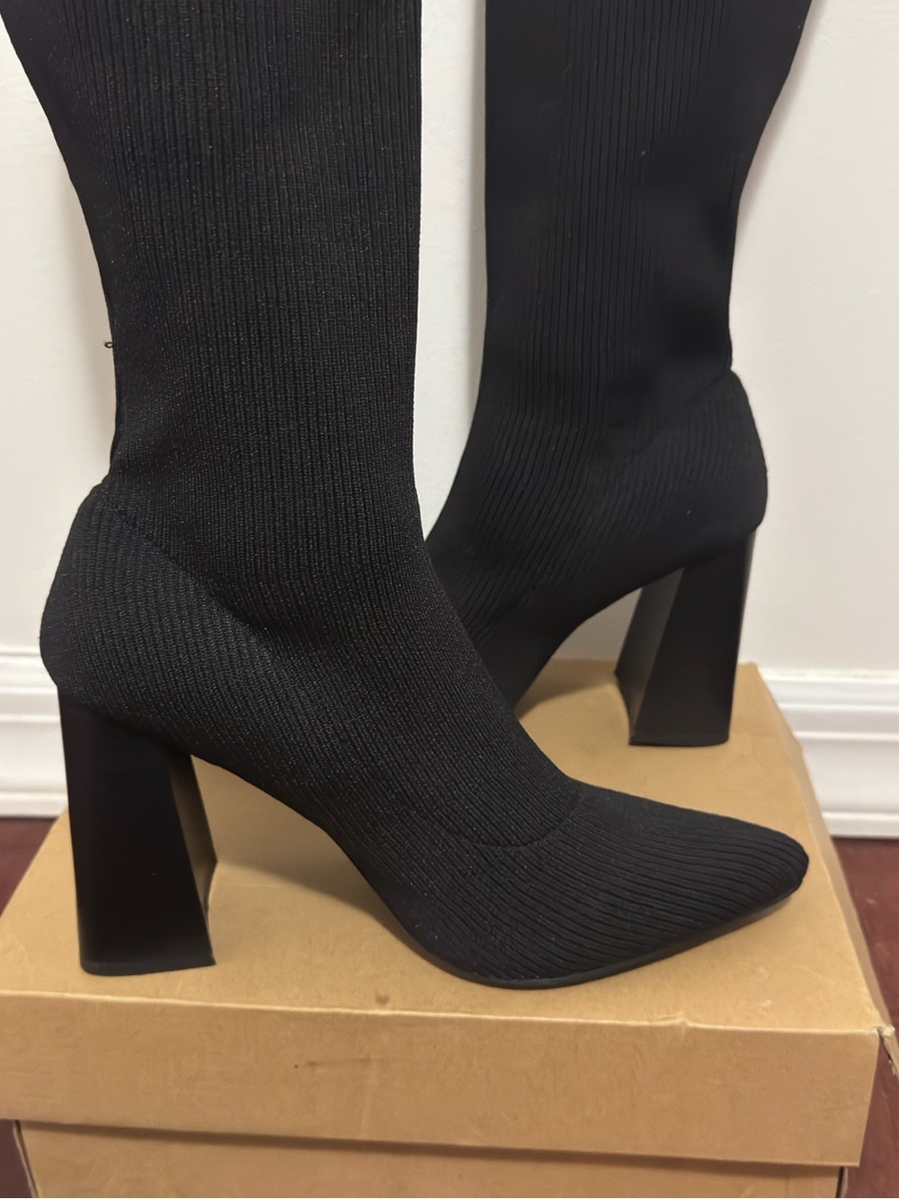 Forever 21 Black Ribbed Knit stretch Knee Boots Block Heel Size 8 US - Picture 8 of 13